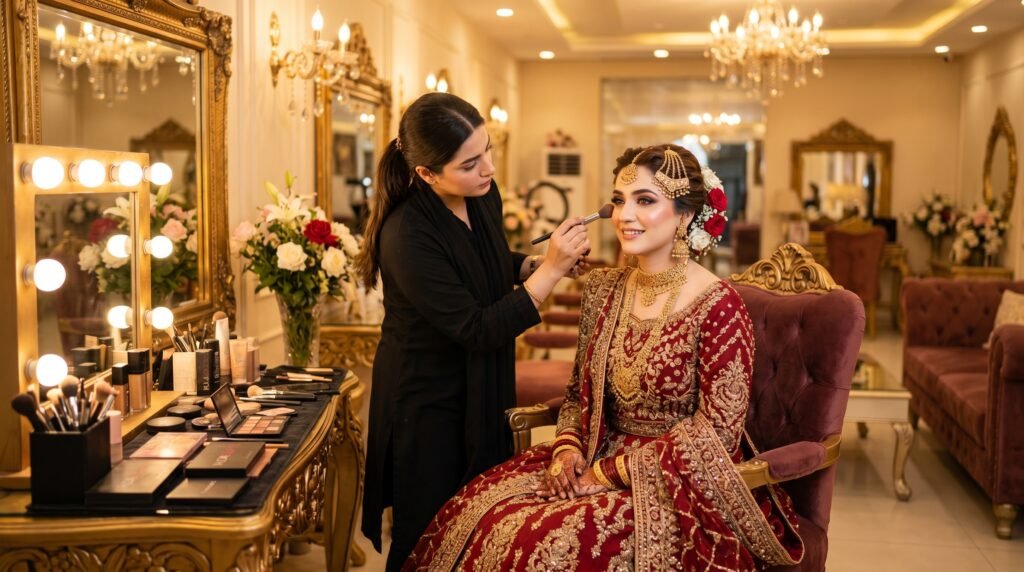 Elegant Pakistani bride sitting in a luxury bridal salon in Rawalpindi
