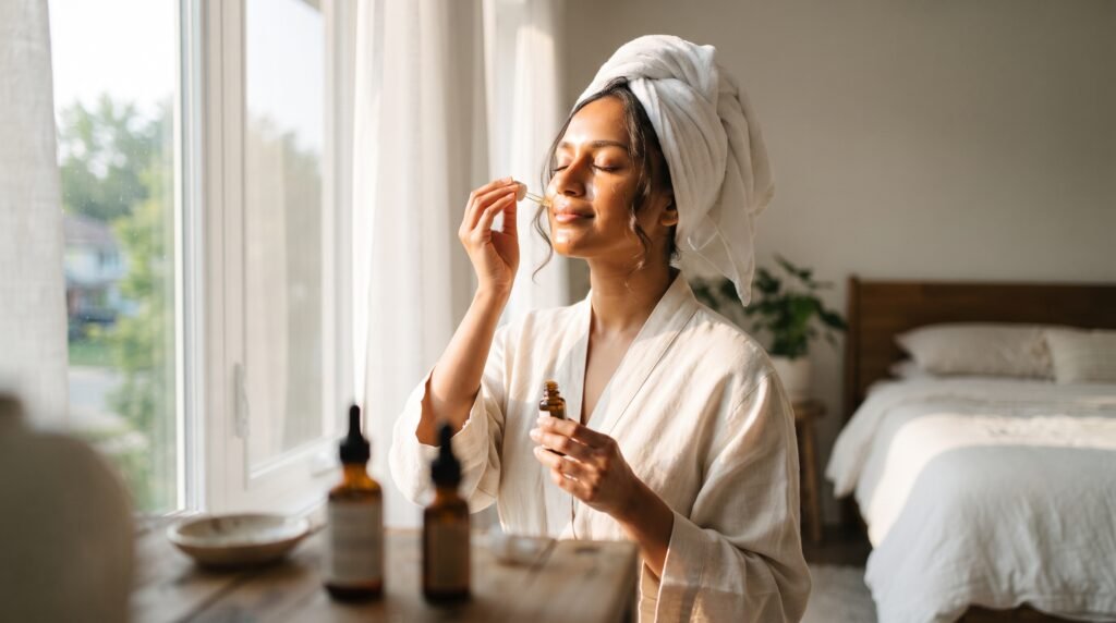 Bride-to-be applying facial oil during her morning bridal skincare routine