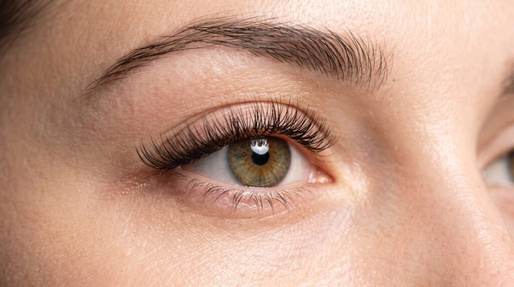 Close-up of eyelash extensions applied at a beauty salon