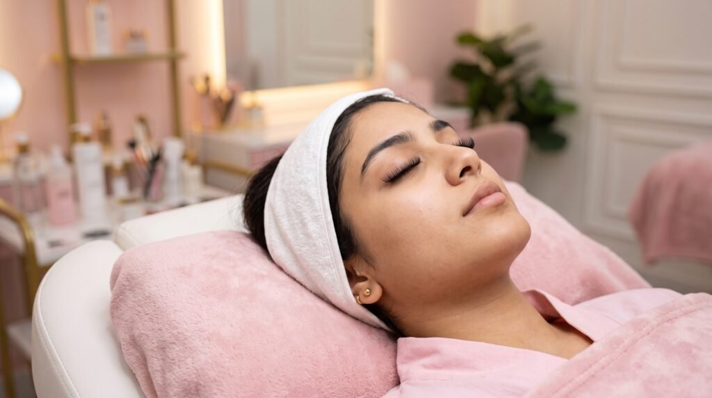 Pakistani client receiving classic eyelash extensions at a Rawalpindi salon
